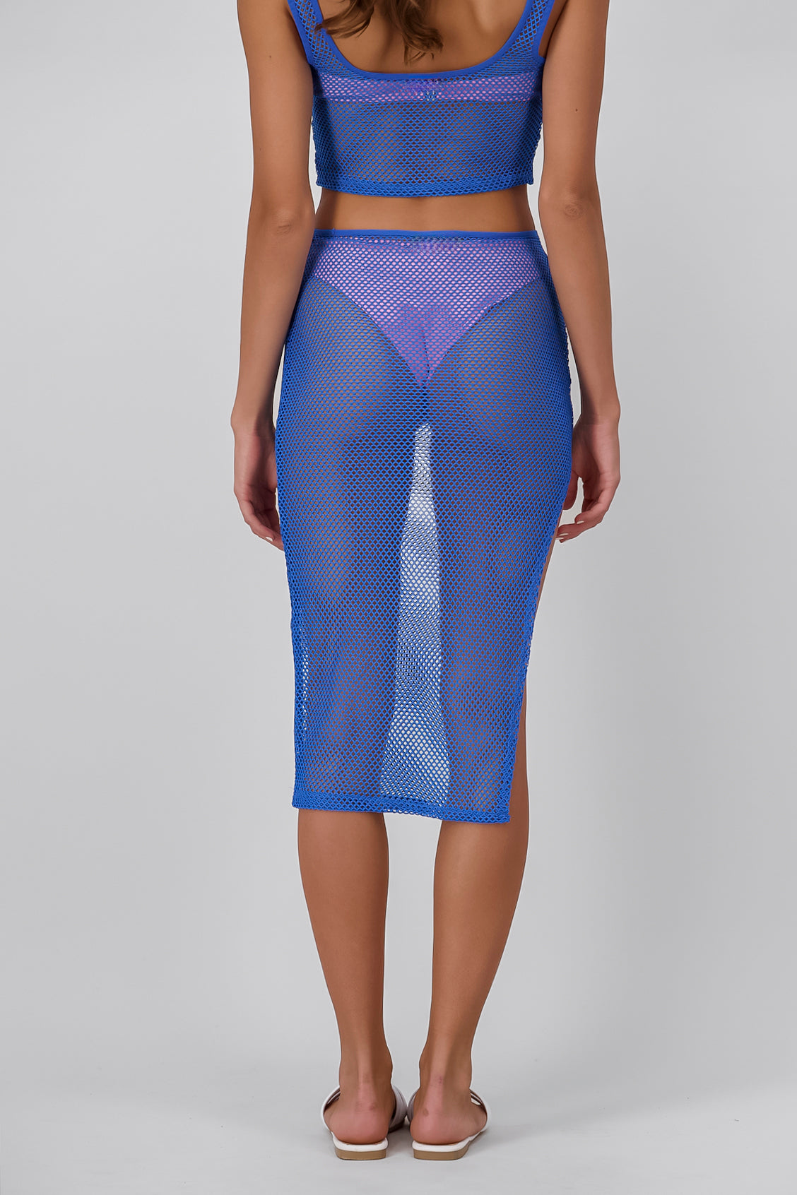 Solid Fishnet Midi Skirt with Slit BLUE