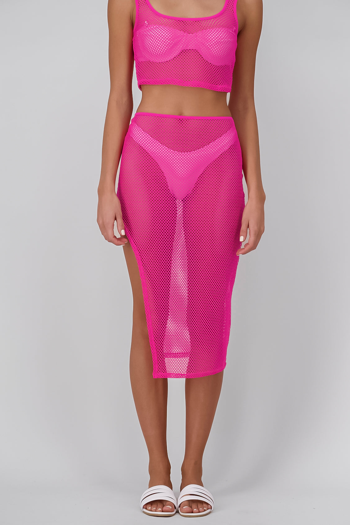 Solid Fishnet Midi Skirt with Slit FUCHSIA