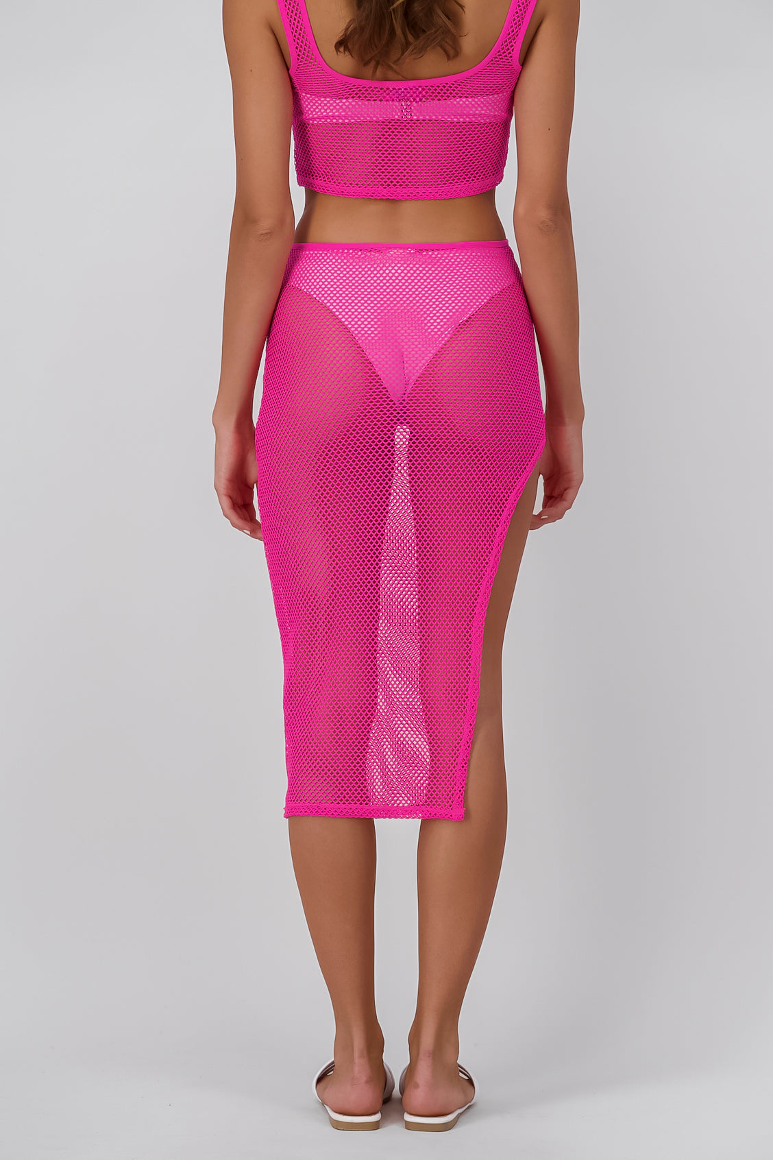 Solid Fishnet Midi Skirt with Slit FUCHSIA