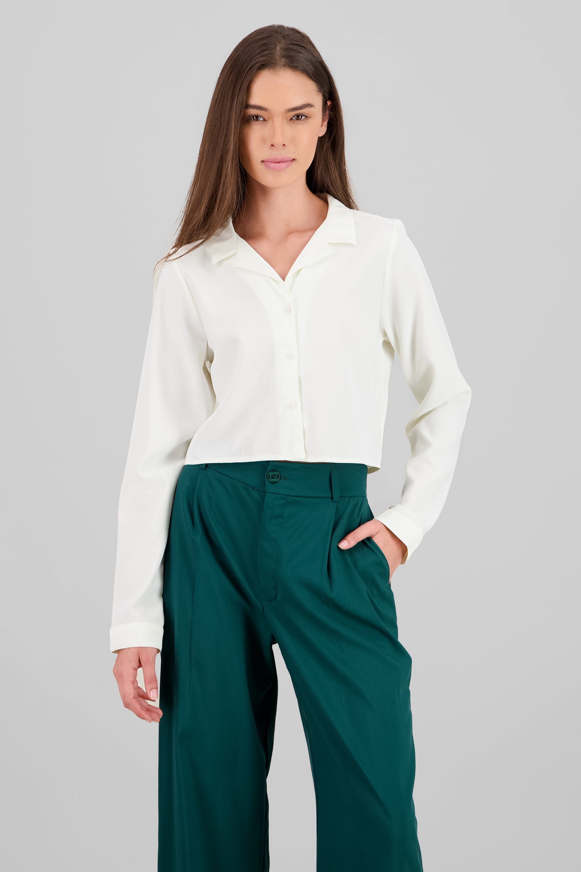 Long Sleeve ButtonDown Cropped Blouse CREAM