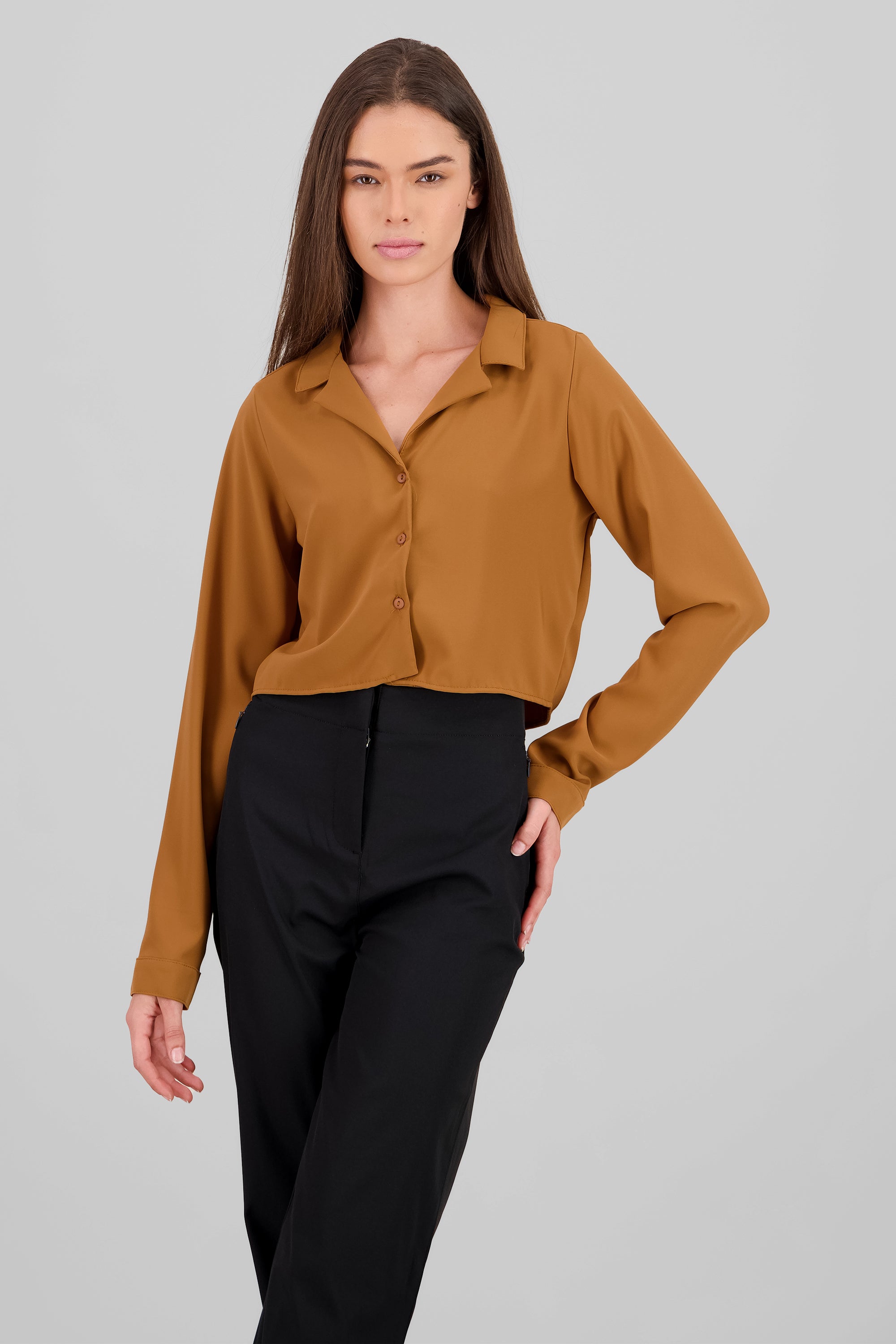 Long Sleeve ButtonDown Cropped Blouse KHAKI