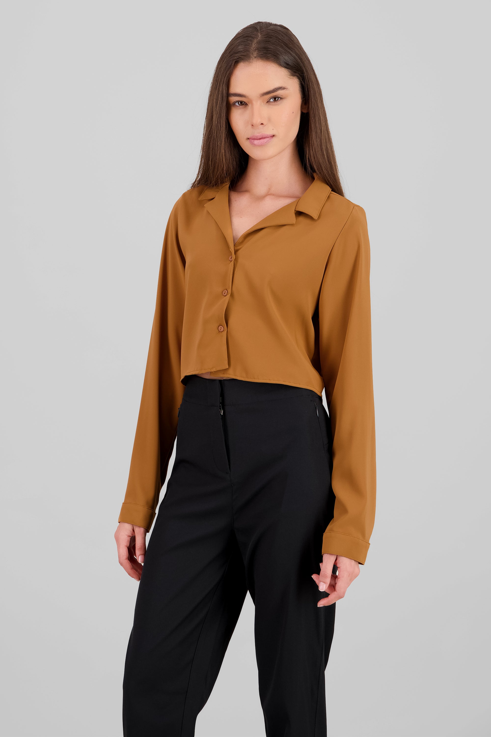 Long Sleeve ButtonDown Cropped Blouse KHAKI