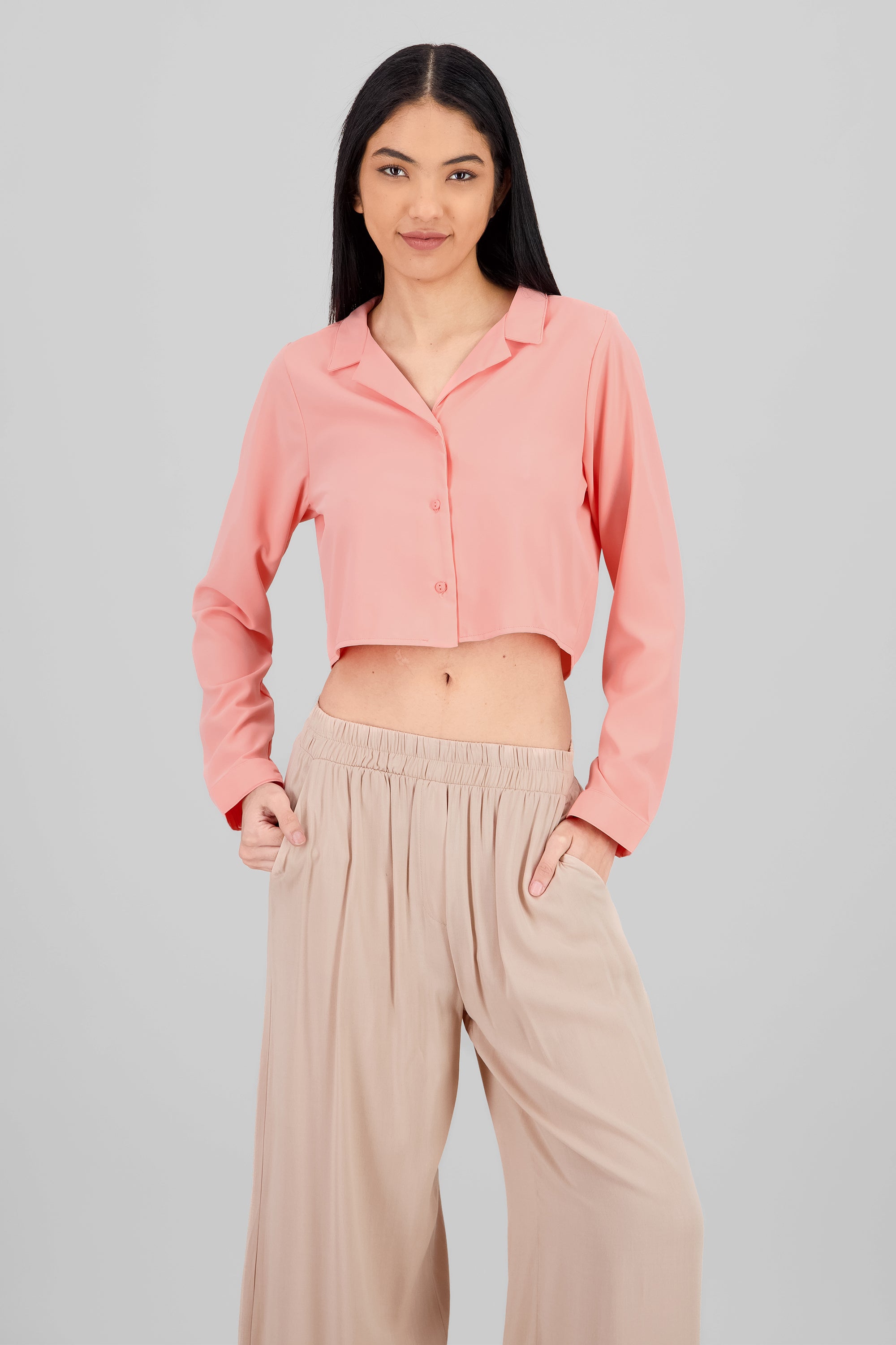 Long Sleeve ButtonDown Cropped Blouse PEACH