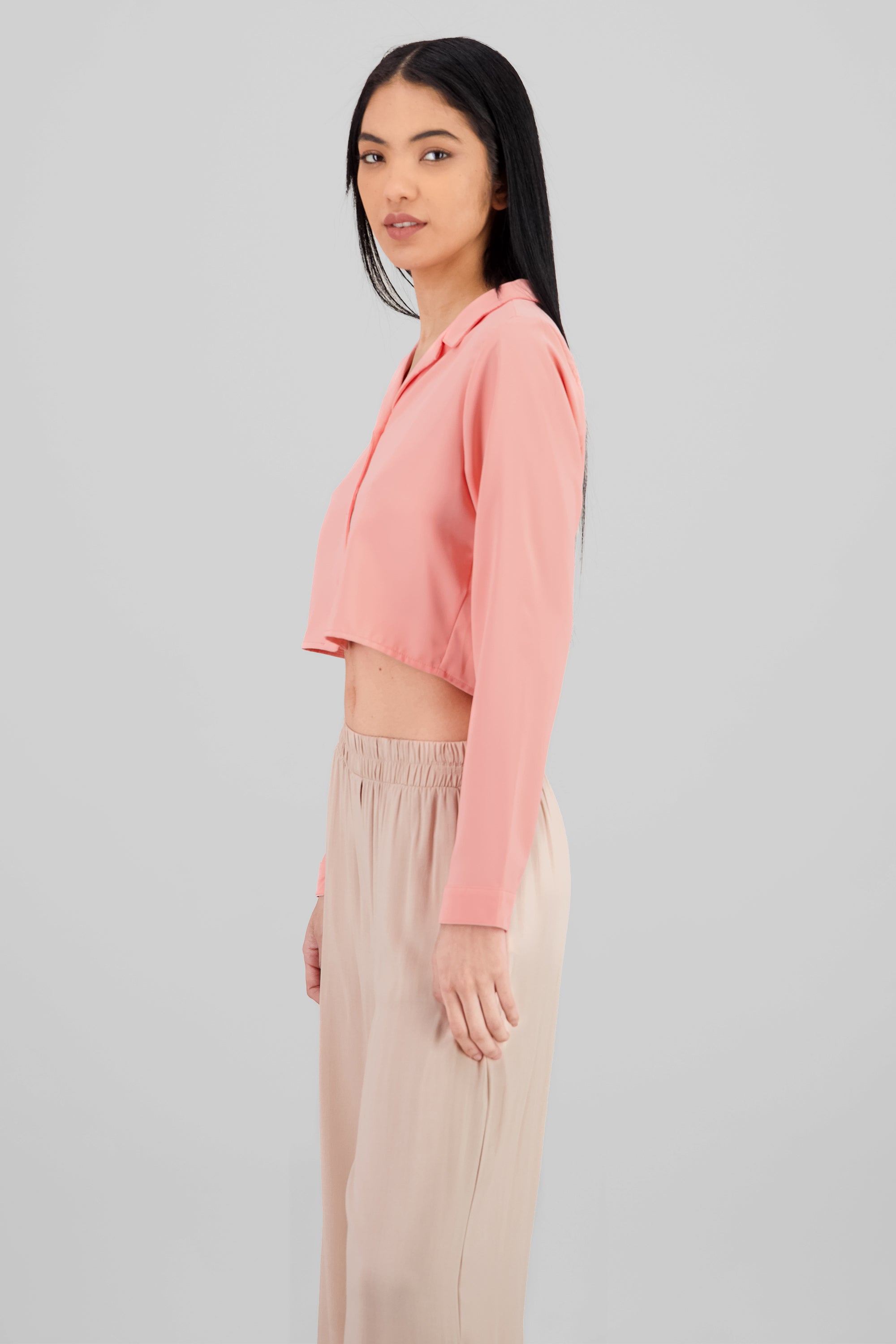 Long Sleeve ButtonDown Cropped Blouse PEACH