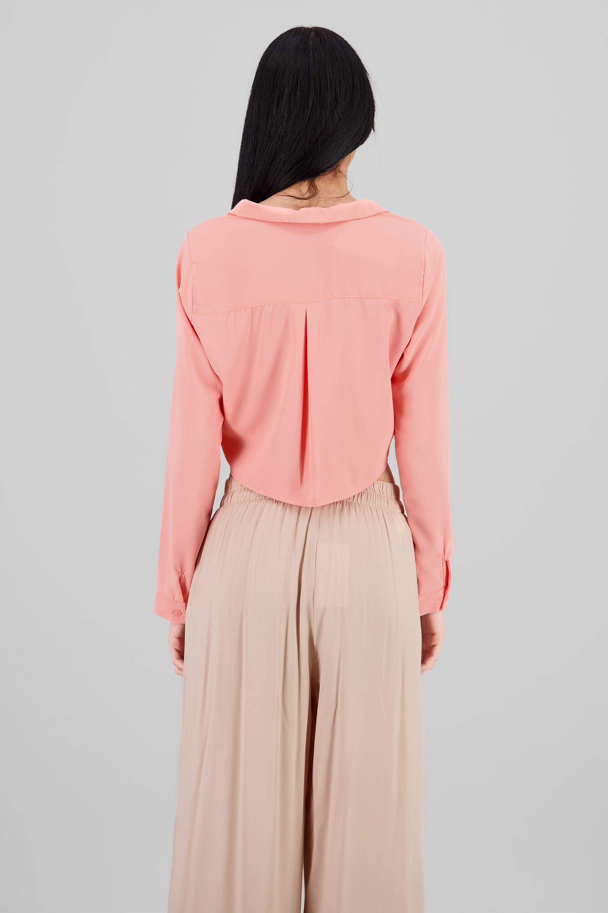 Long Sleeve ButtonDown Cropped Blouse PEACH