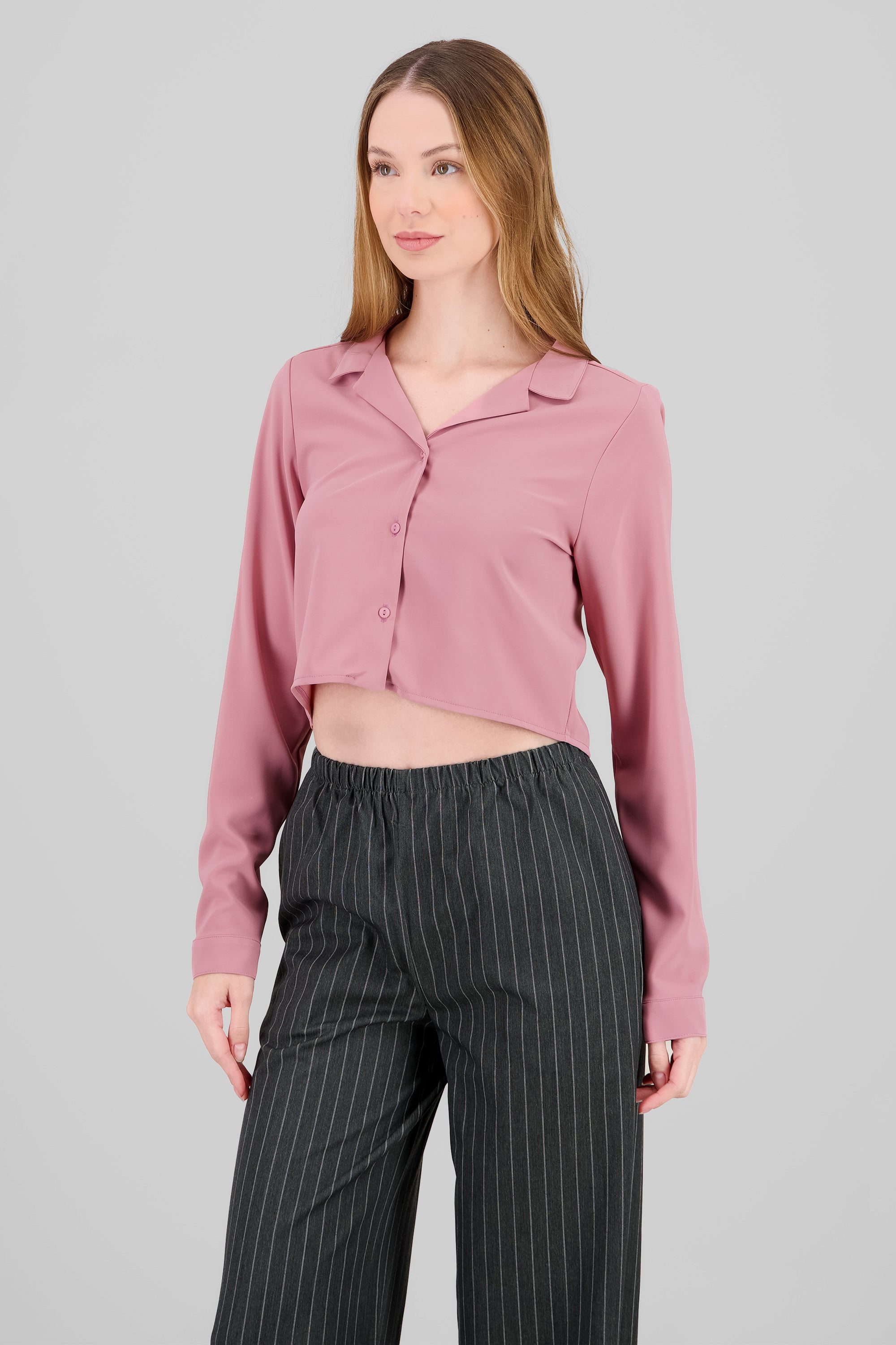 Long Sleeve ButtonDown Cropped Blouse MAUVE