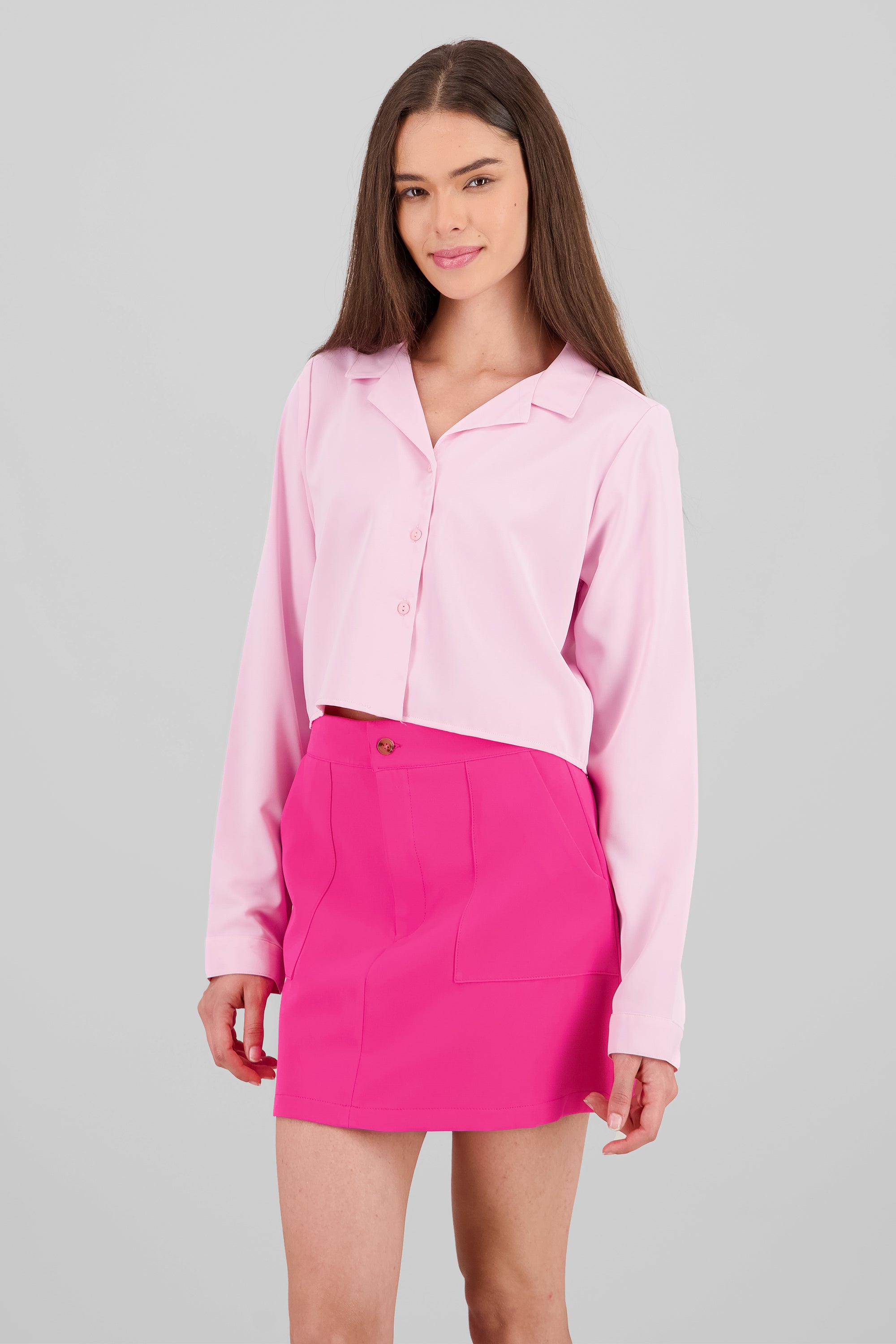 Long Sleeve ButtonDown Cropped Blouse PASTEL PINK