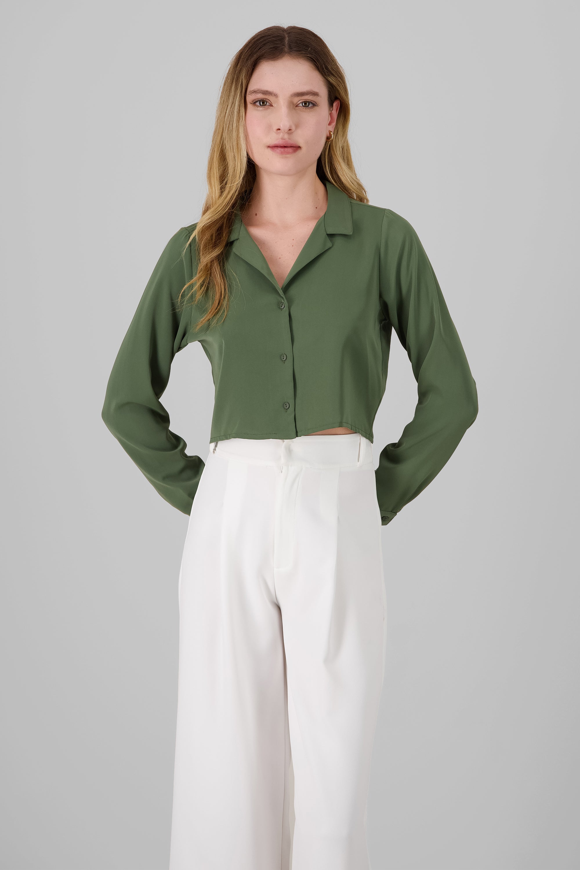 Long Sleeve ButtonDown Cropped Blouse OLIVE