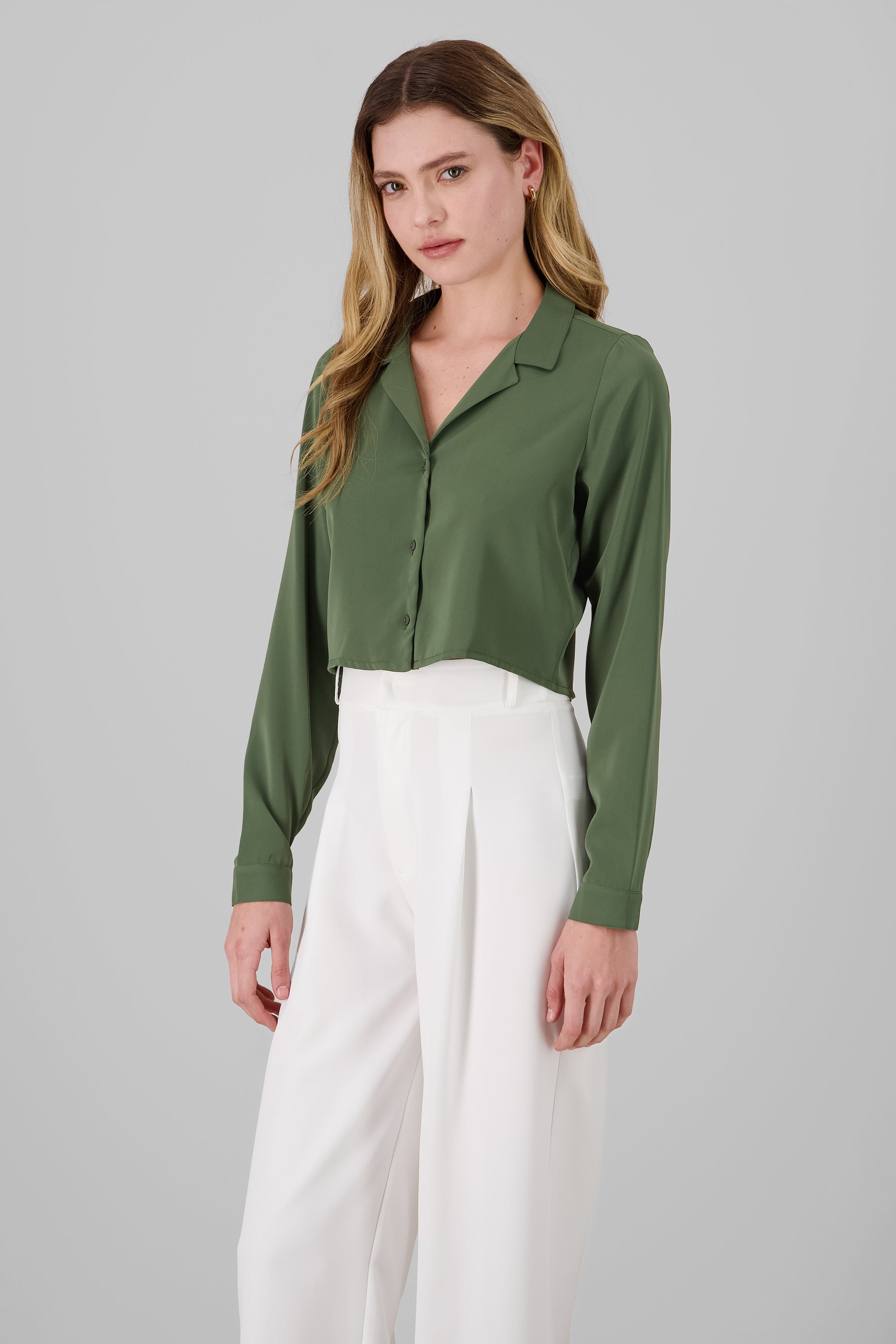 Long Sleeve ButtonDown Cropped Blouse OLIVE