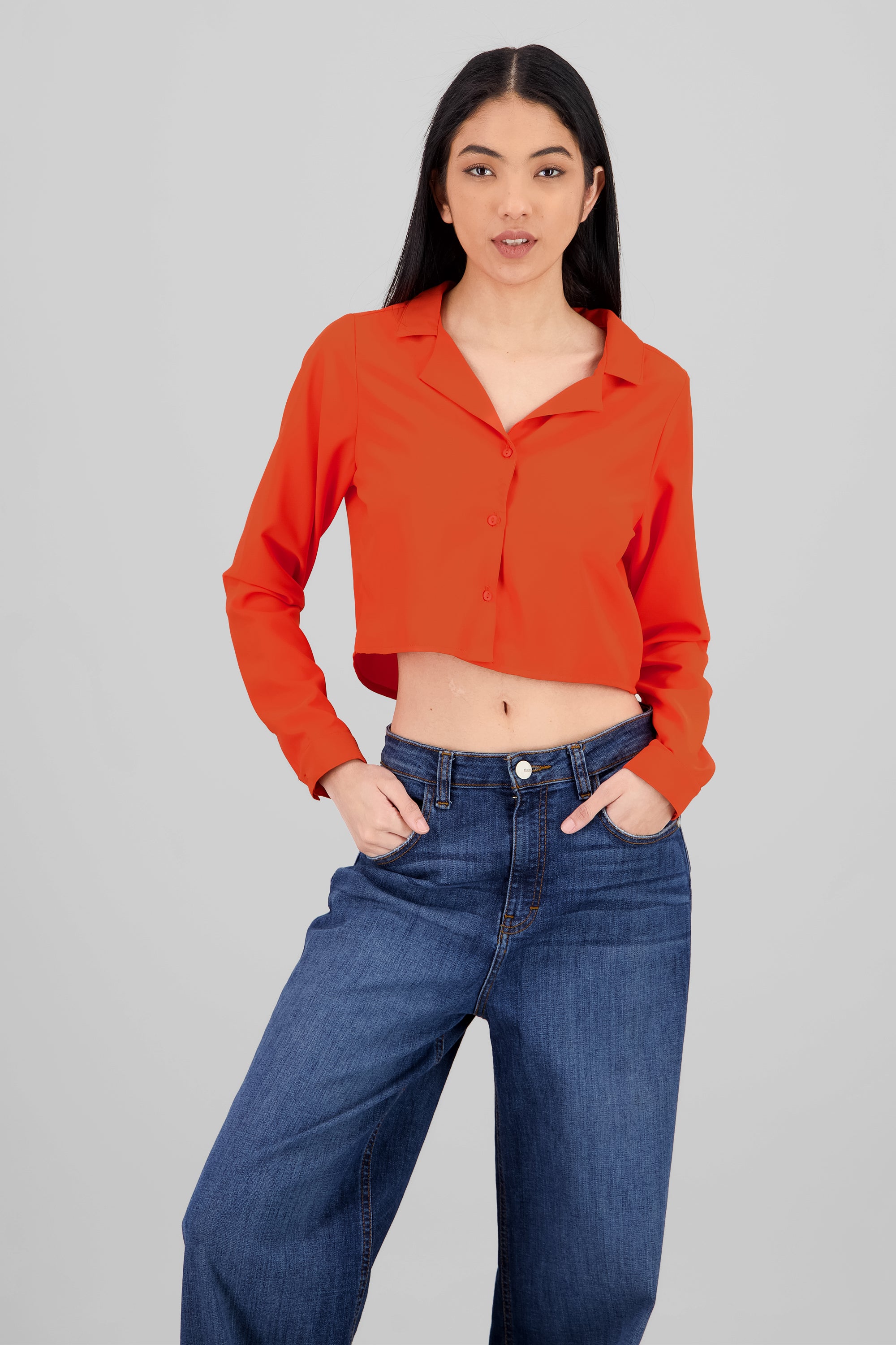 Long Sleeve ButtonDown Cropped Blouse BRIGHT ORANGE