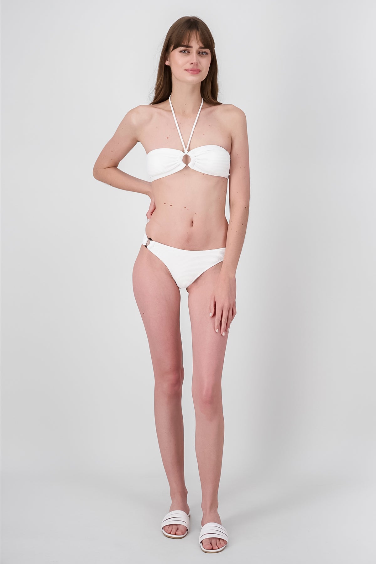 Plain Textured Bikini Set With Ring Details WHITE