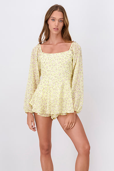 Long Sleeve Floral Print Day Dress YELLOW COMBO