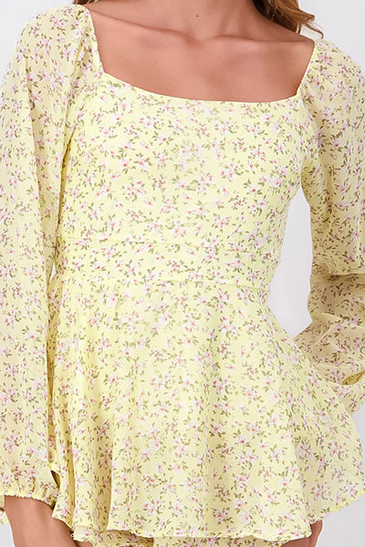 Long Sleeve Floral Print Day Dress YELLOW COMBO