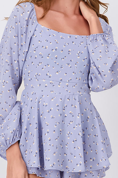 Long Sleeve Floral Print Day Dress BLUE COMBO