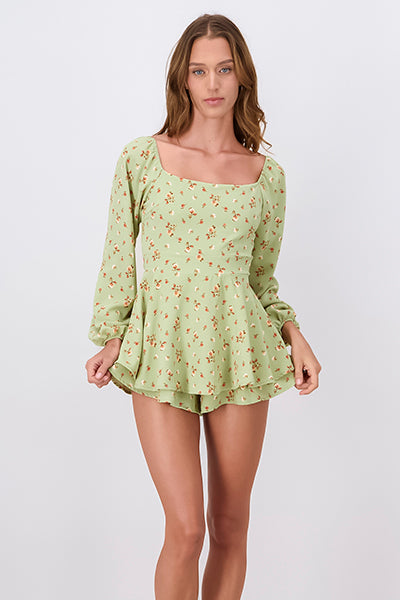 Long Sleeve Floral Print Day Dress GREEN COMBO