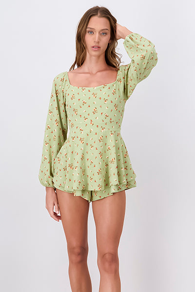 Long Sleeve Floral Print Day Dress GREEN COMBO