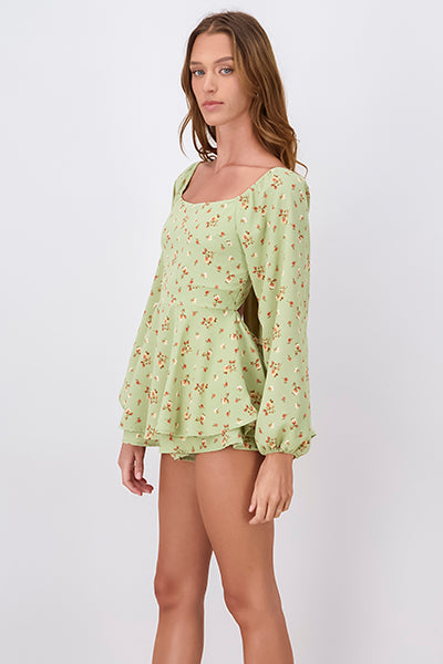 Long Sleeve Floral Print Day Dress GREEN COMBO