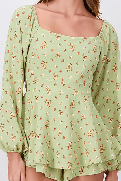 Long Sleeve Floral Print Day Dress GREEN COMBO