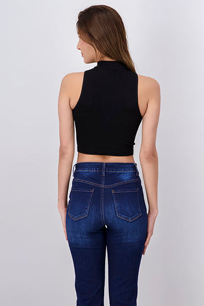 Ribbed Crop Top with Zipper Detai BLACK