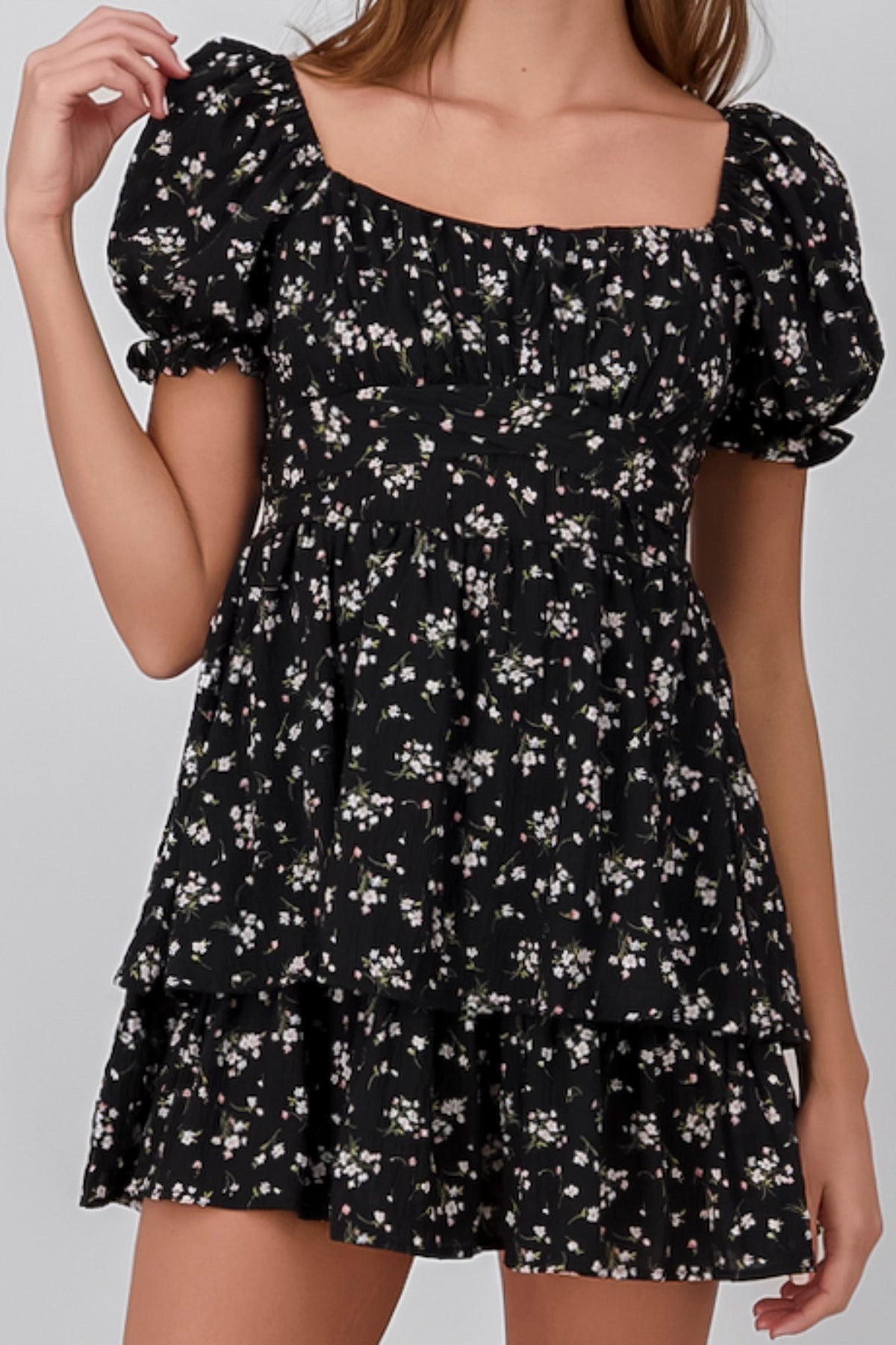 Floral Puff Sleeve Mini Ruffle Dress BLACK COMBO