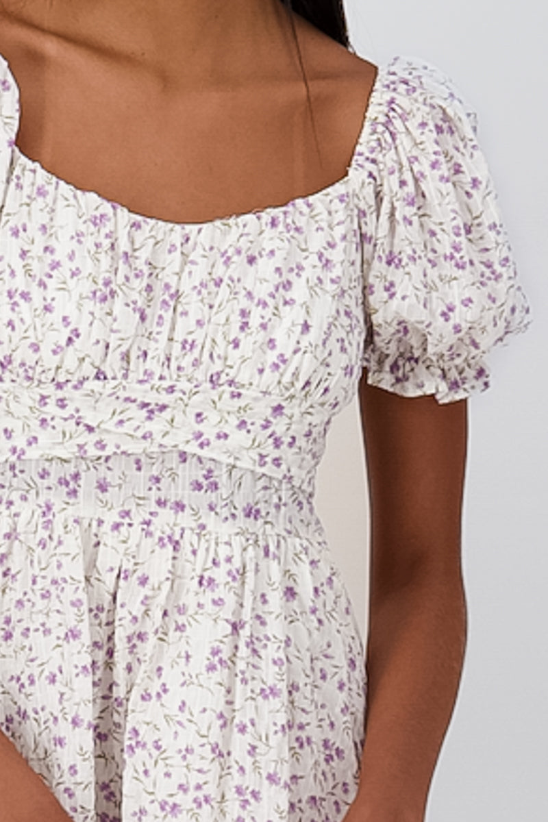 Flower Mini Dress With Puff Sleeves PURPLE COMBO