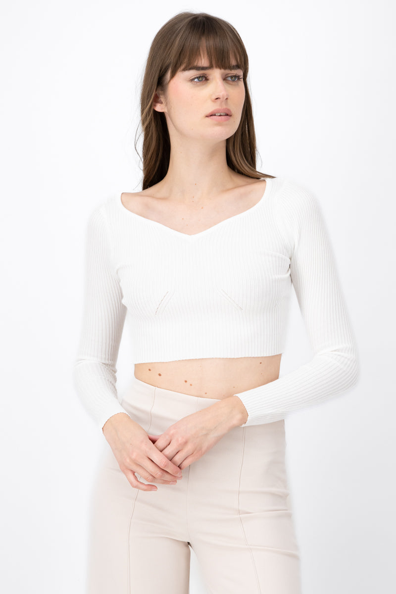 Long Sleeve Wide Neckline Ribbed Top WHITE