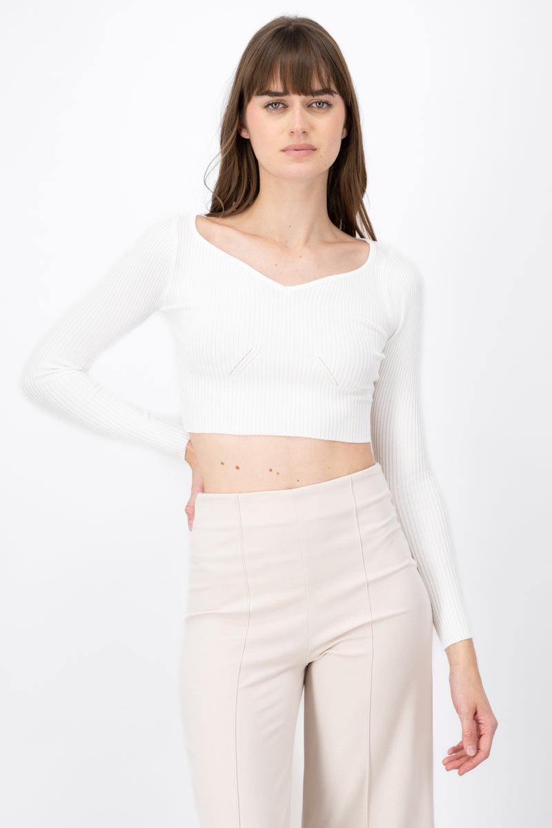 Long Sleeve Wide Neckline Ribbed Top WHITE