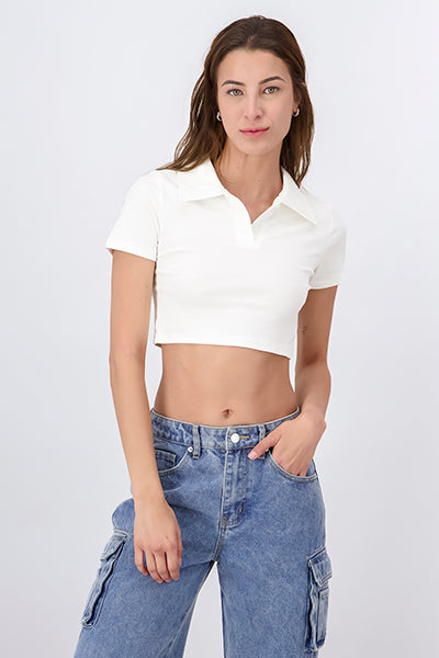 Solid Polo Neck Crop Top WHITE