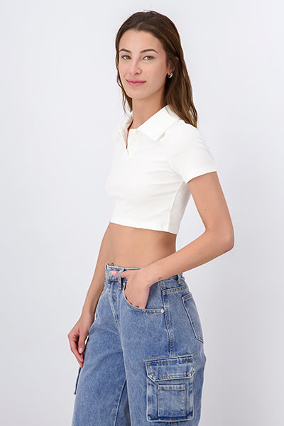 Solid Polo Neck Crop Top WHITE