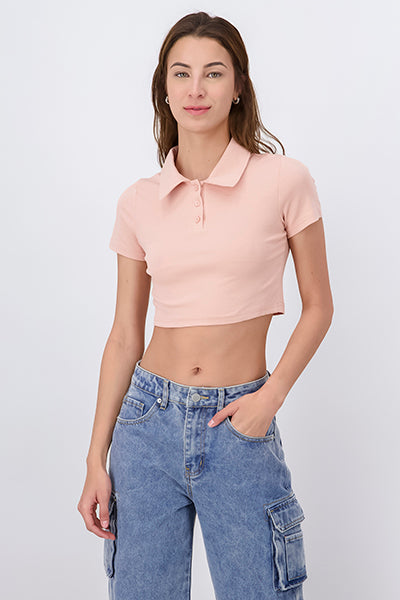 Solid Polo Neck Crop Top TAN