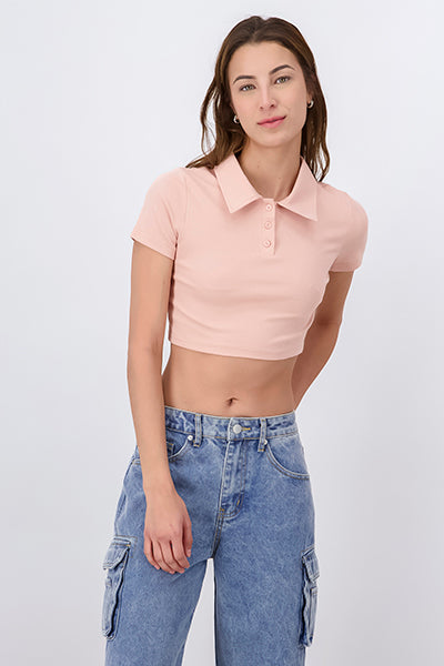 Solid Polo Neck Crop Top TAN