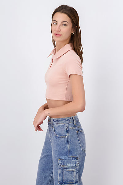 Solid Polo Neck Crop Top TAN