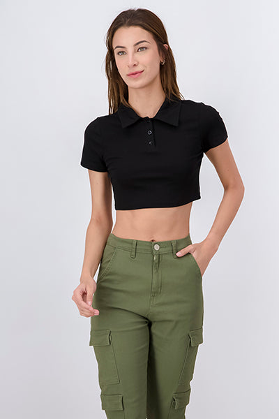 Solid Polo Neck Crop Top BLACK