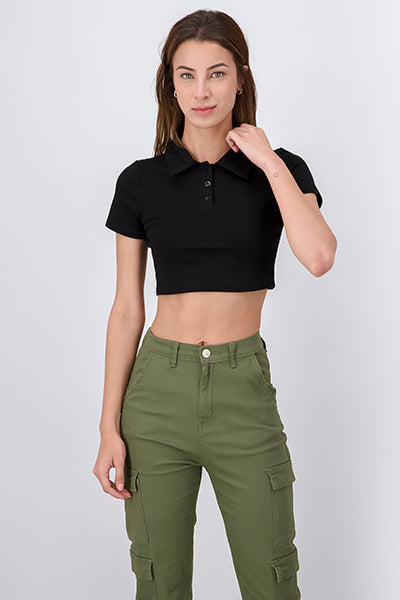 Solid Polo Neck Crop Top BLACK