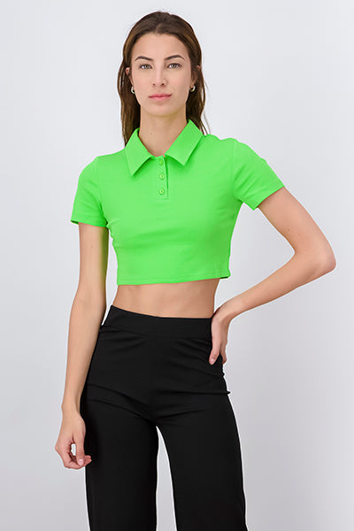 Solid Polo Neck Crop Top BRIGHT GREEN