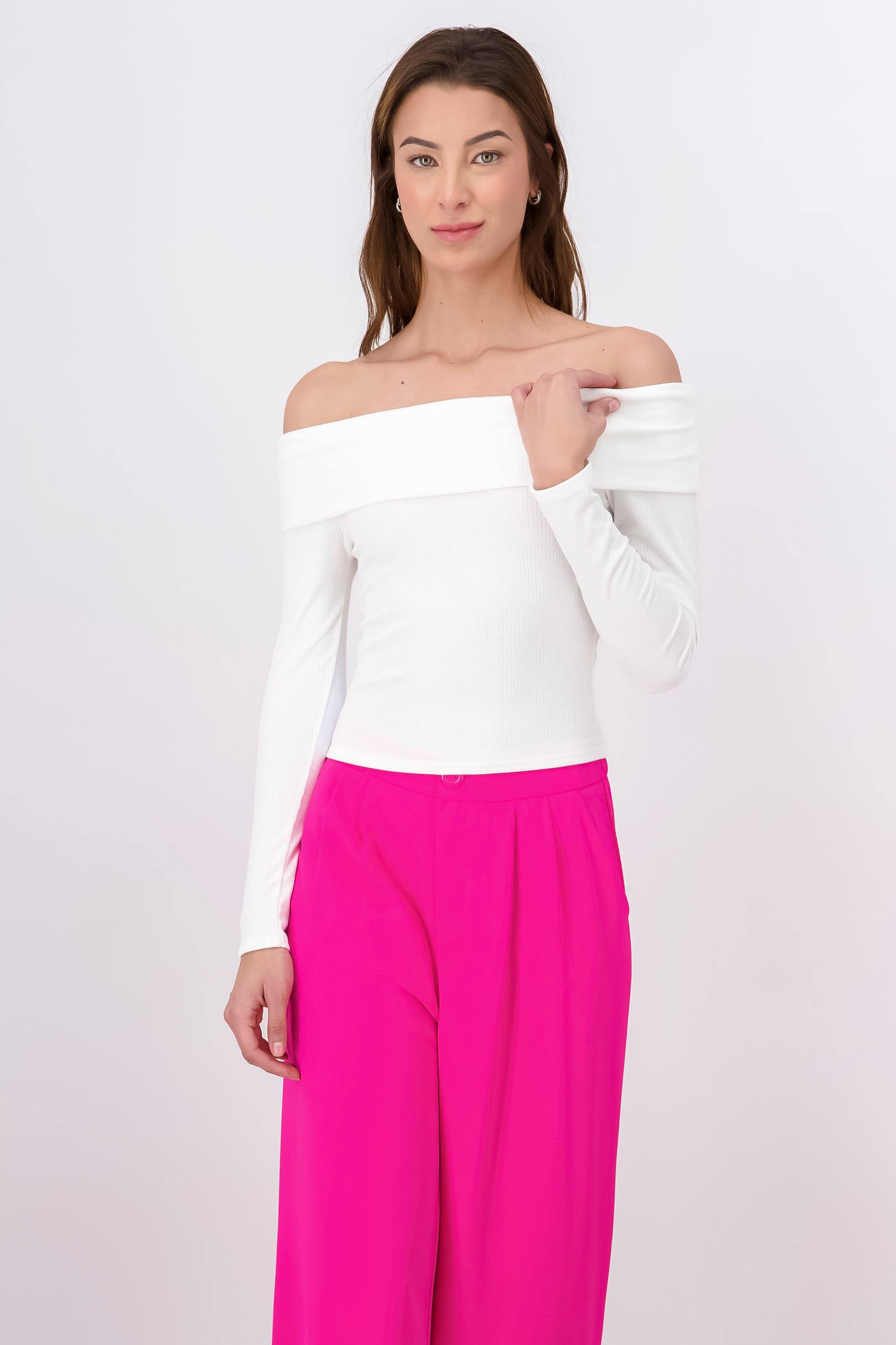 Long Sleeve OffTheShoulder Ribbed Top WHITE