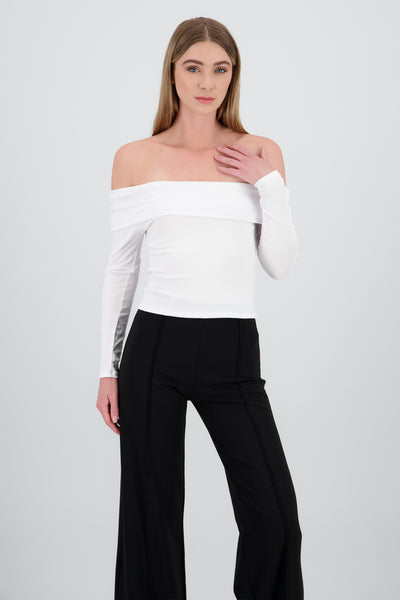 Long Sleeve OffTheShoulder Ribbed Top BLACK