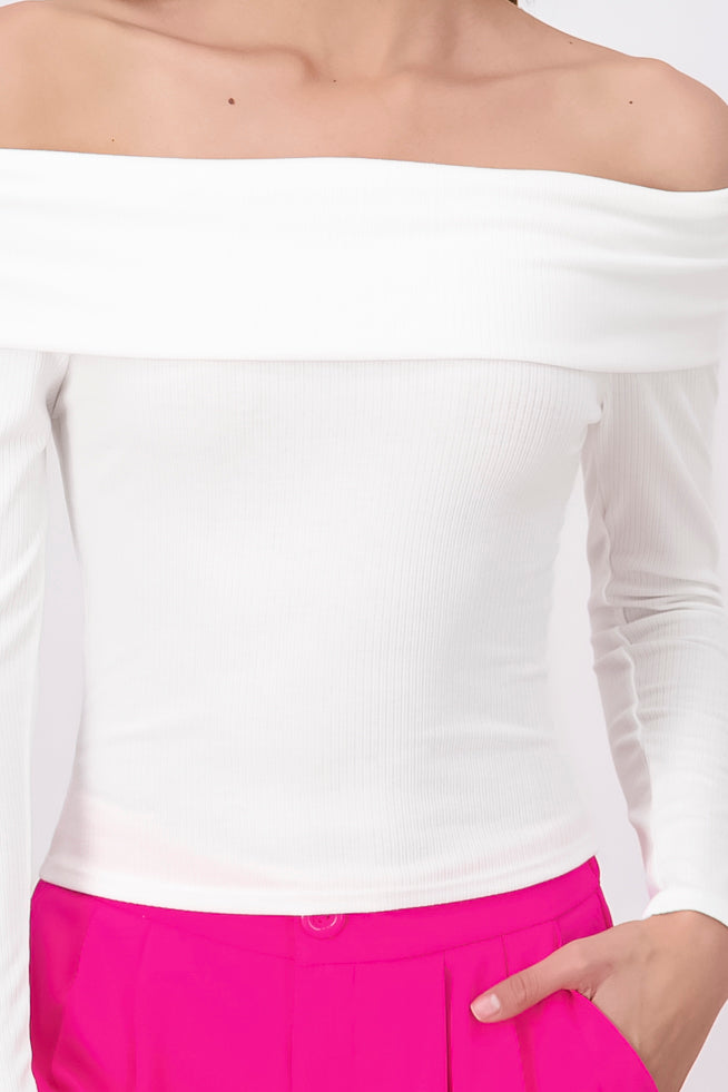 Long Sleeve OffTheShoulder Ribbed Top WHITE