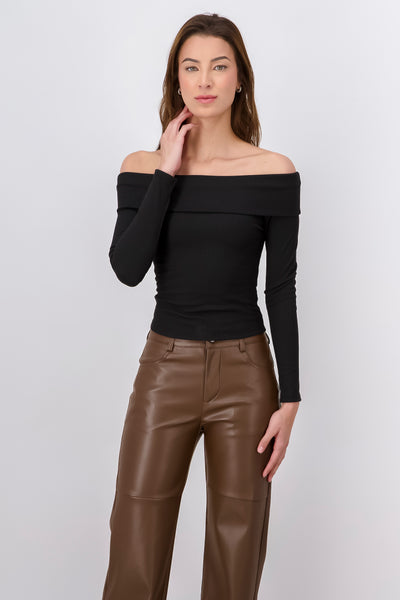 Long Sleeve OffTheShoulder Ribbed Top BLACK