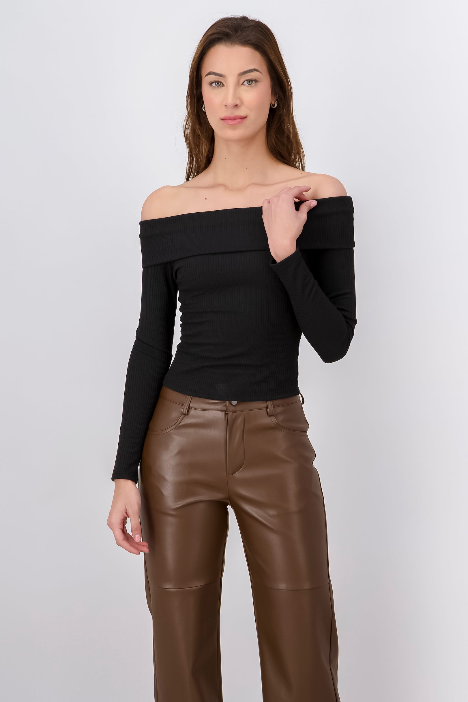 Long Sleeve OffTheShoulder Ribbed Top BLACK