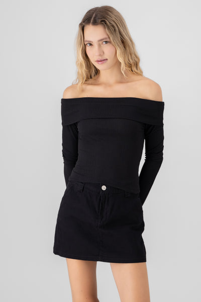 Long Sleeve OffTheShoulder Ribbed Top BLACK