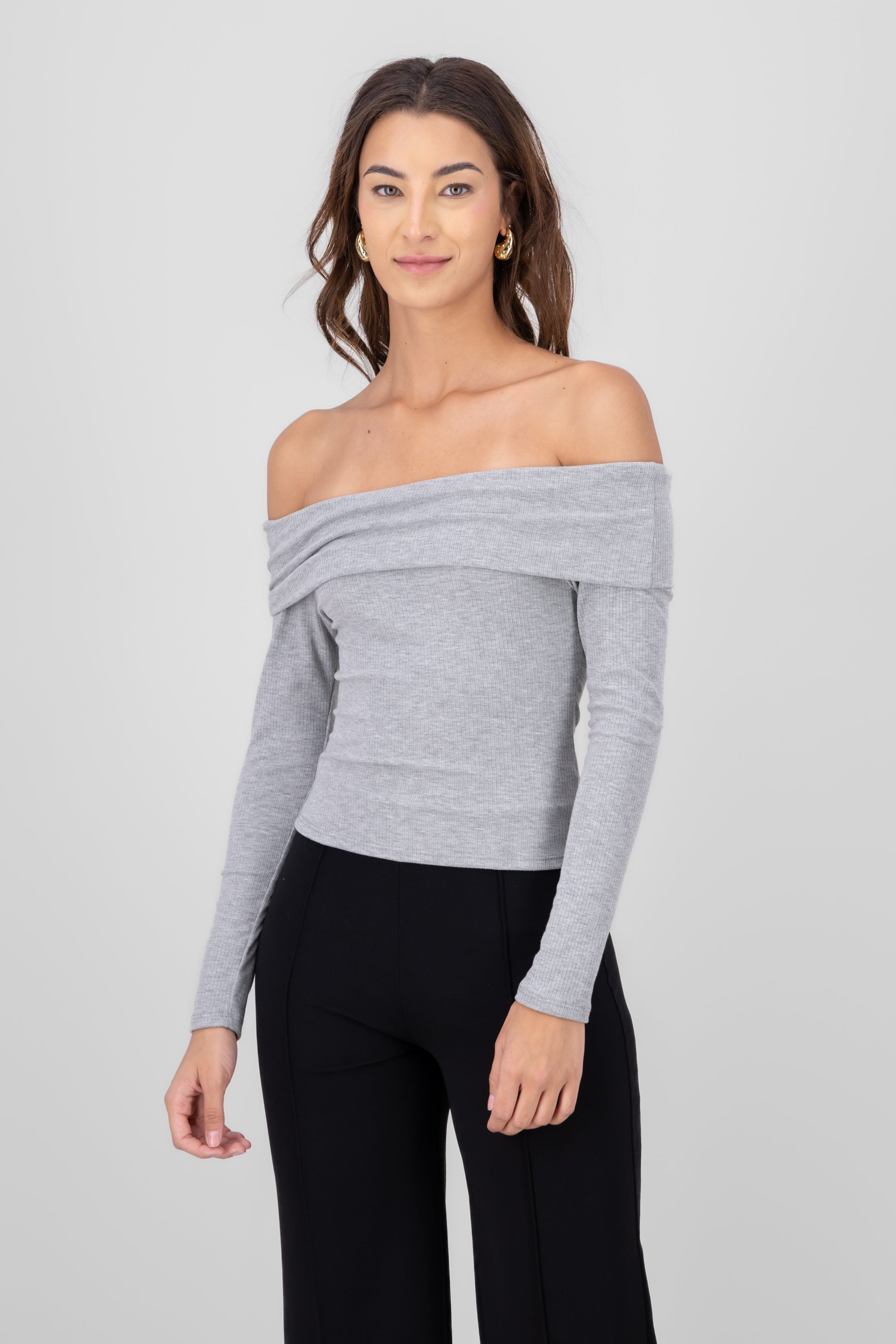 Long Sleeve OffTheShoulder Ribbed Top GRAY