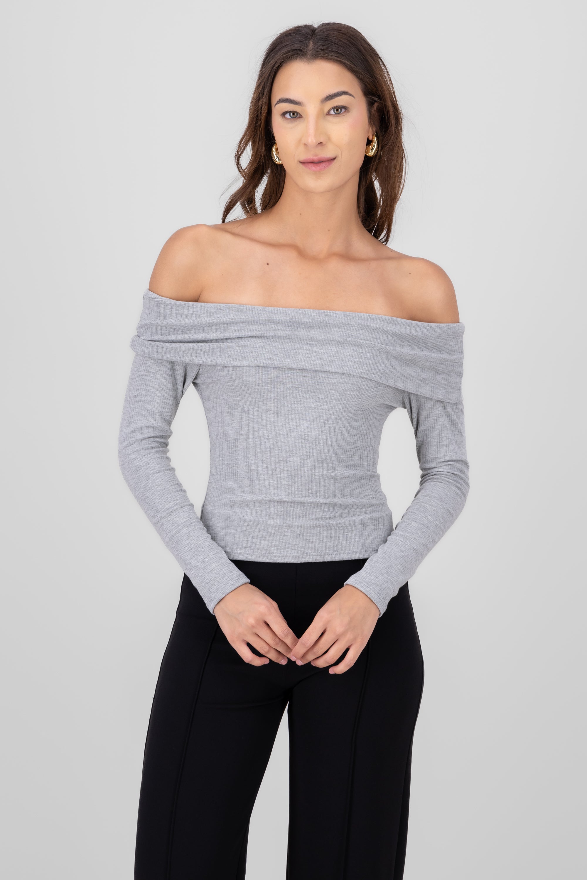 Long Sleeve OffTheShoulder Ribbed Top GRAY