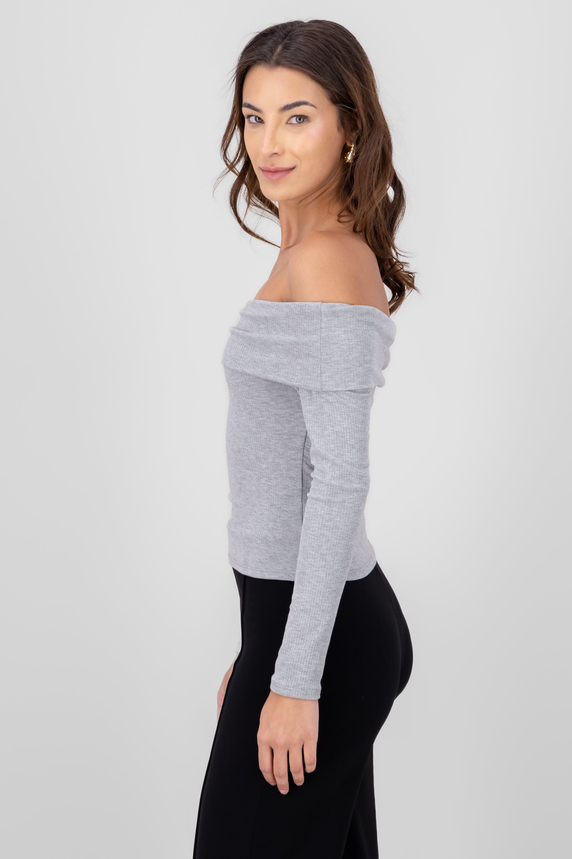 Long Sleeve OffTheShoulder Ribbed Top GRAY