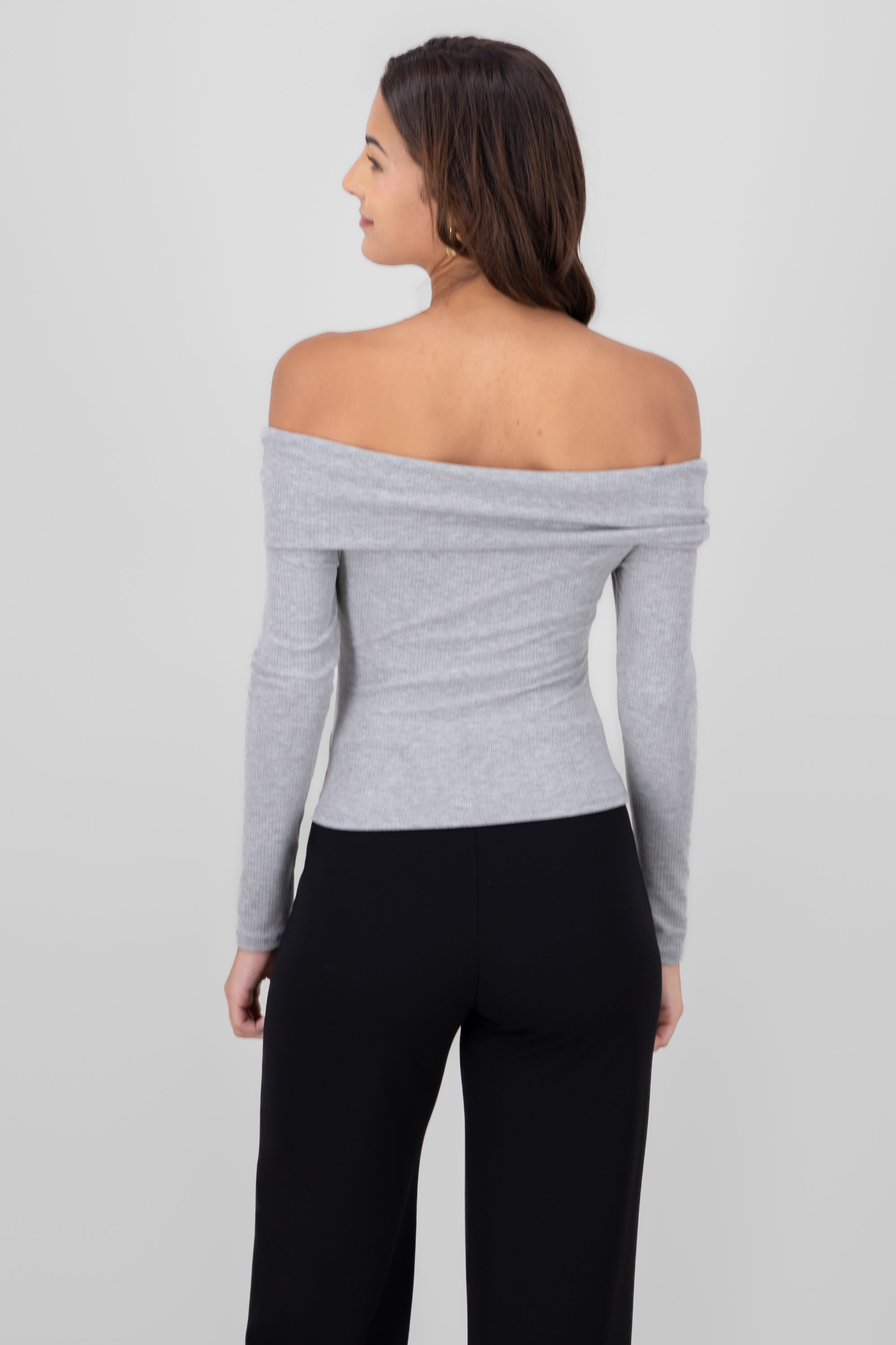 Long Sleeve OffTheShoulder Ribbed Top GRAY