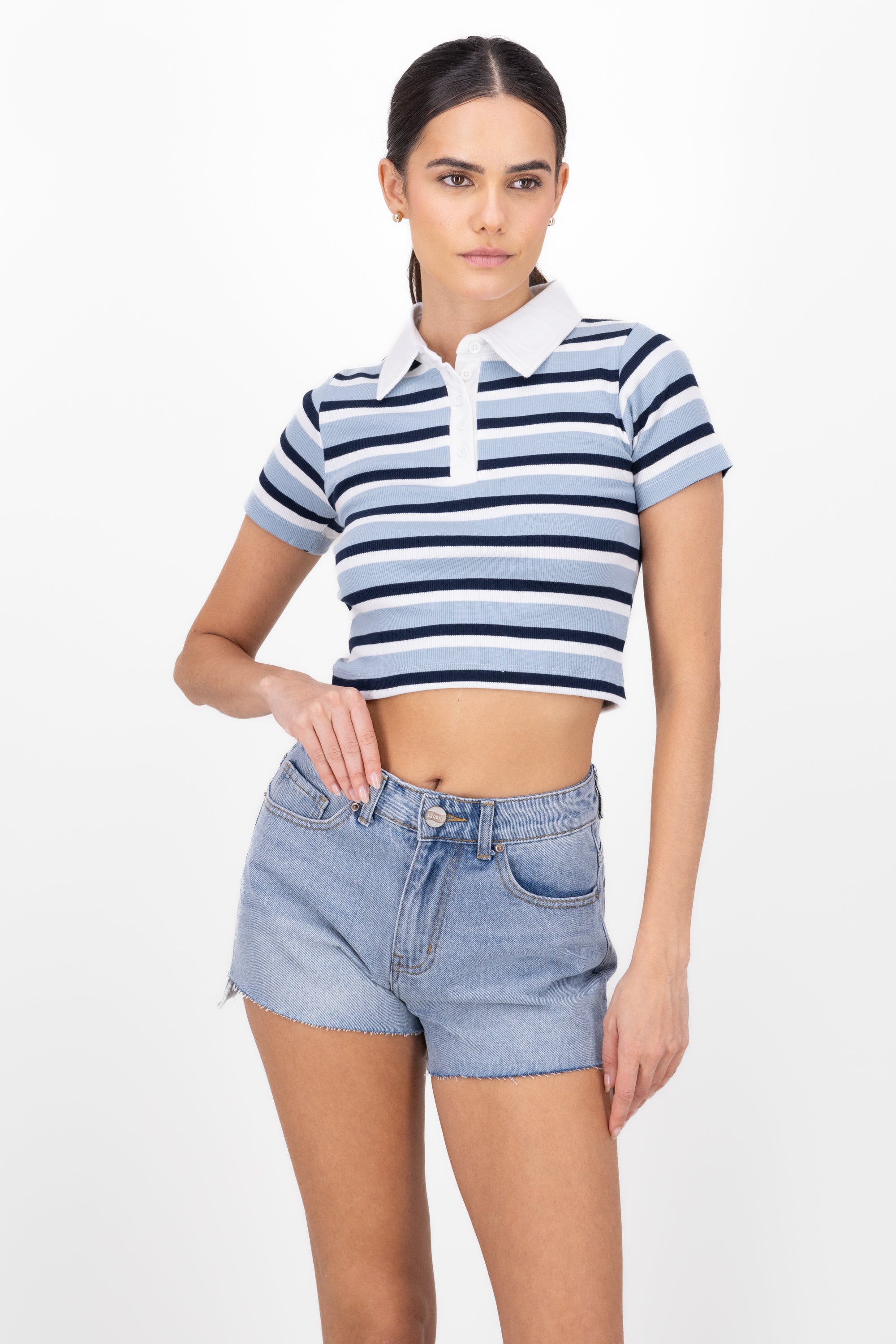 Striped Polo Neck Rib Crop Top WHITE COMBO