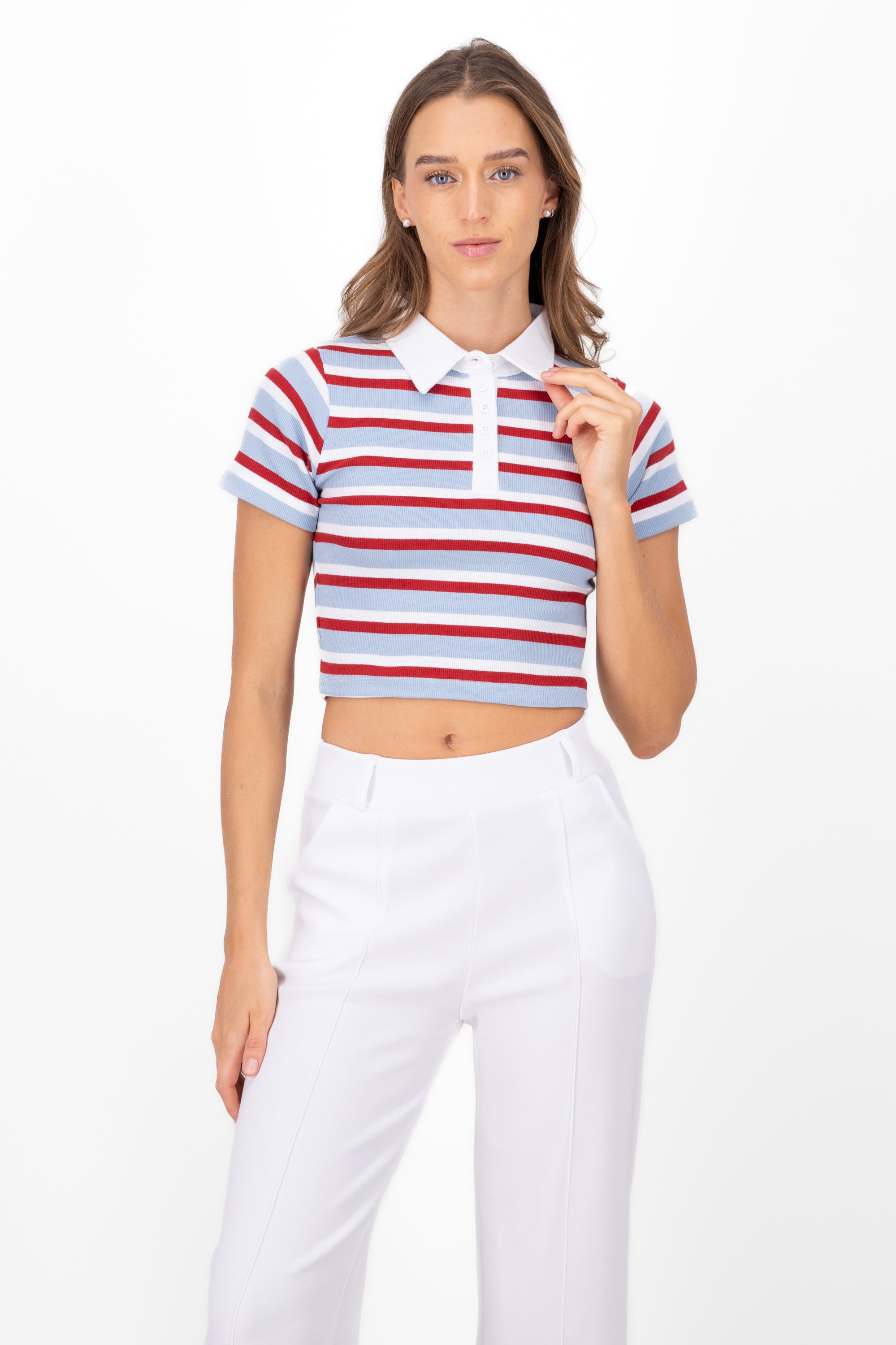 Striped Polo Neck Rib Crop Top RED COMBO