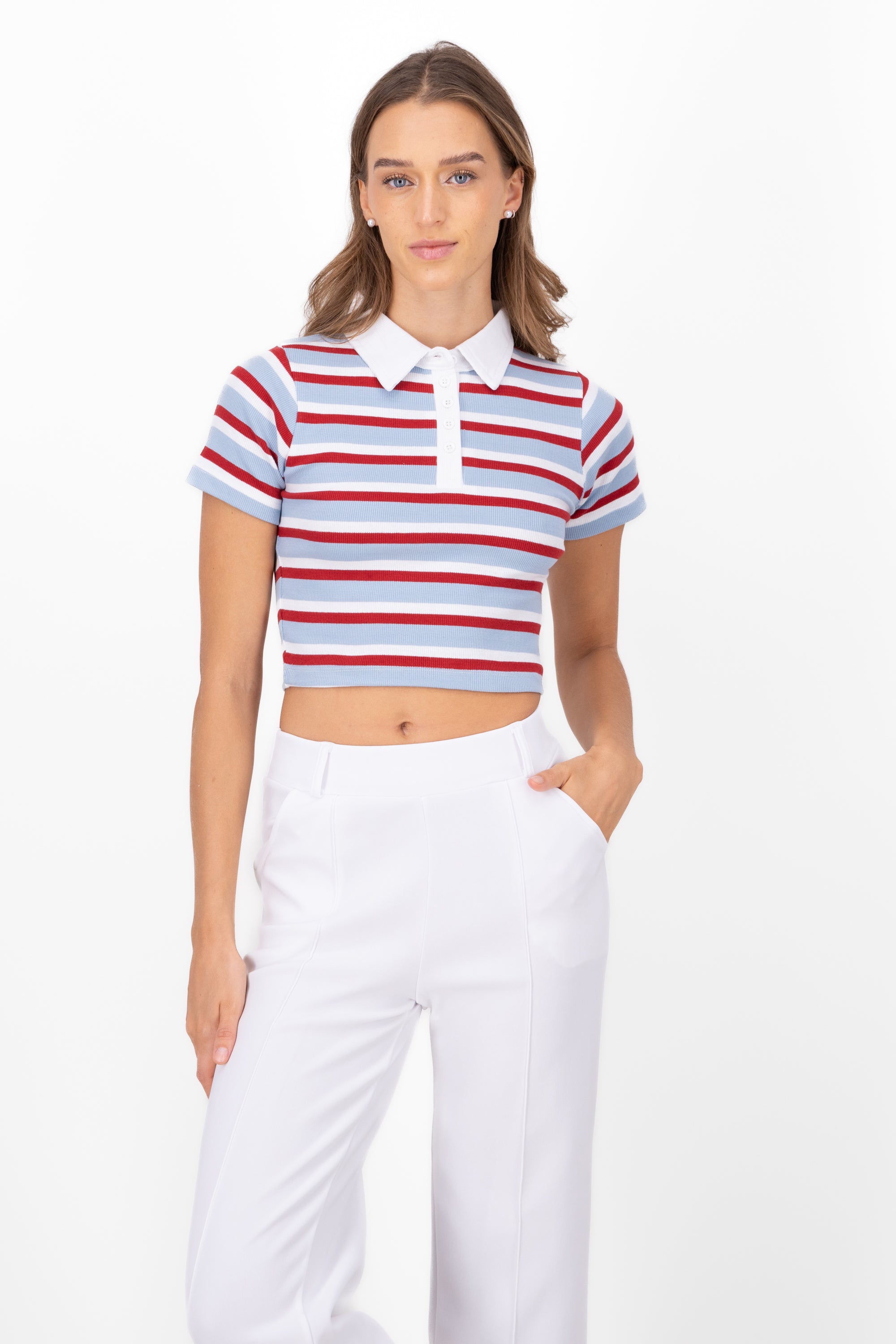 Striped Polo Neck Rib Crop Top RED COMBO