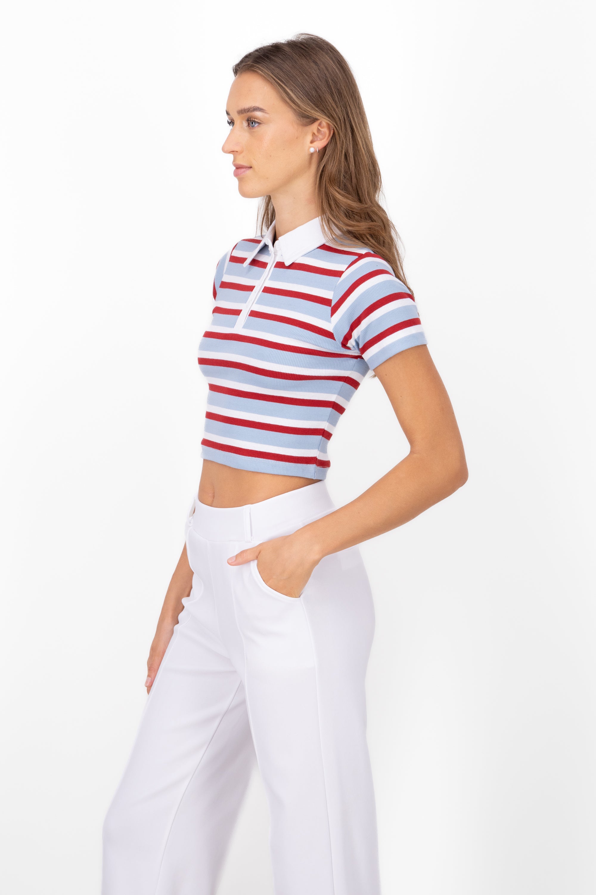 Striped Polo Neck Rib Crop Top RED COMBO