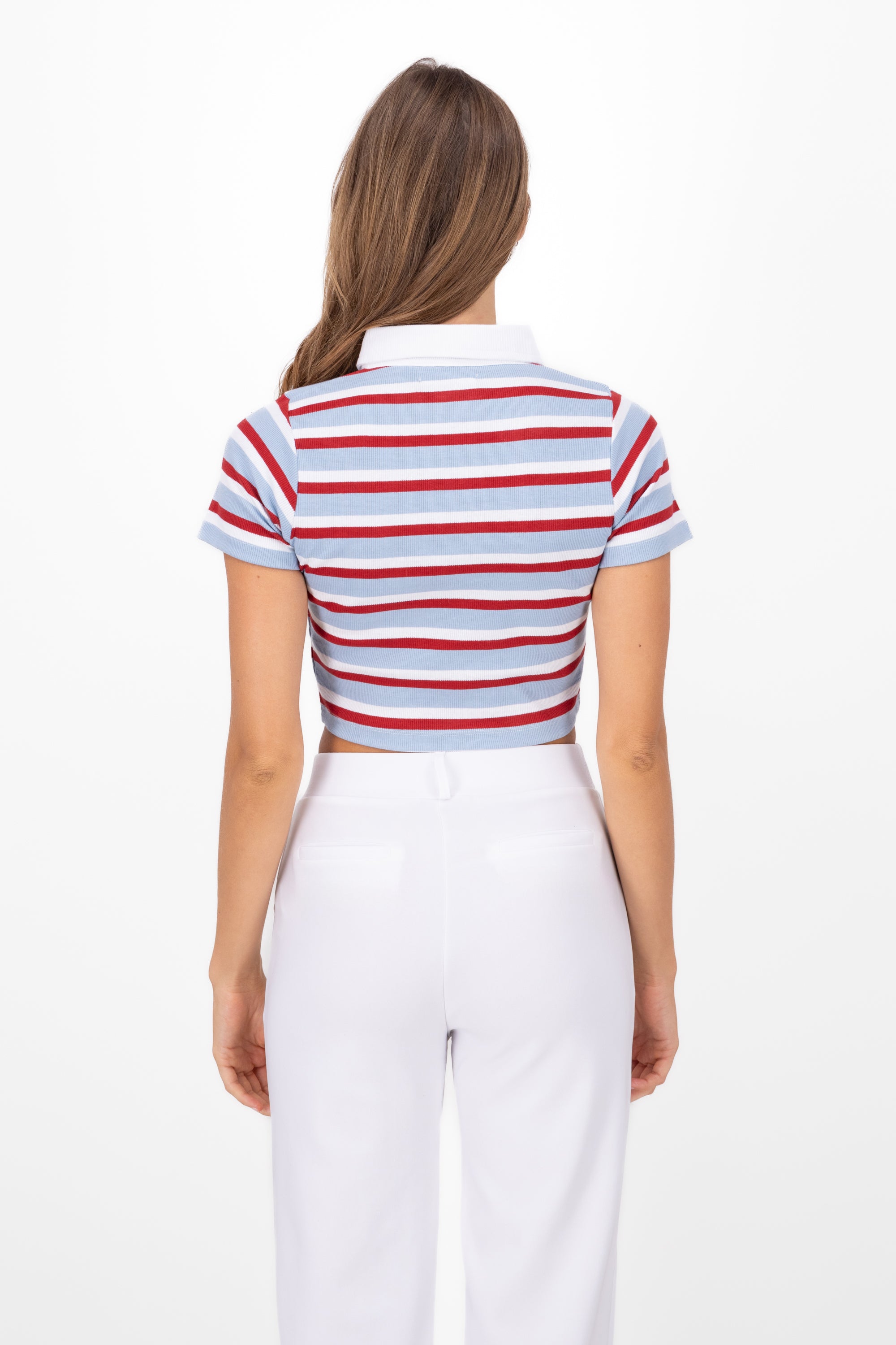 Striped Polo Neck Rib Crop Top RED COMBO